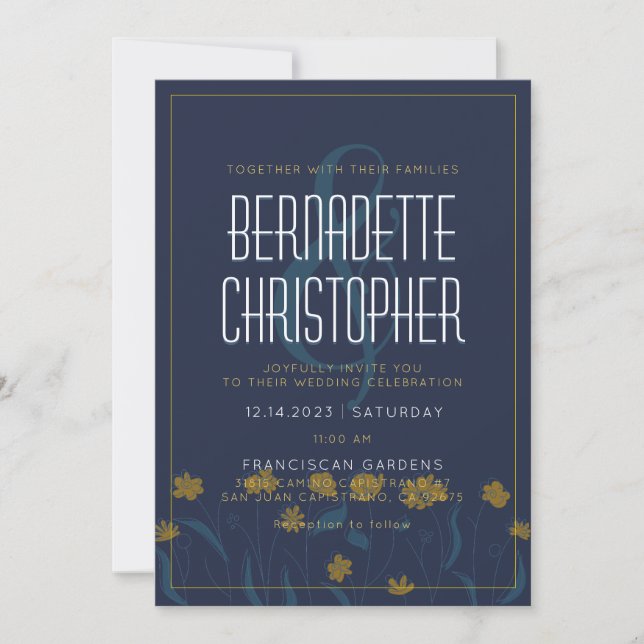 Wedding Chic Modern Elegant Simple Blue Yellow Invitation (Front)