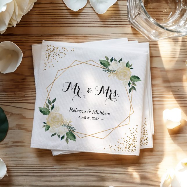 Wedding Chic Modern Ivory Gold Glitters Floral Napkin (Creator Uploaded)