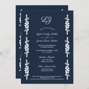Wedding Chic Photo Navy & White Trendy Flowers Invitation
