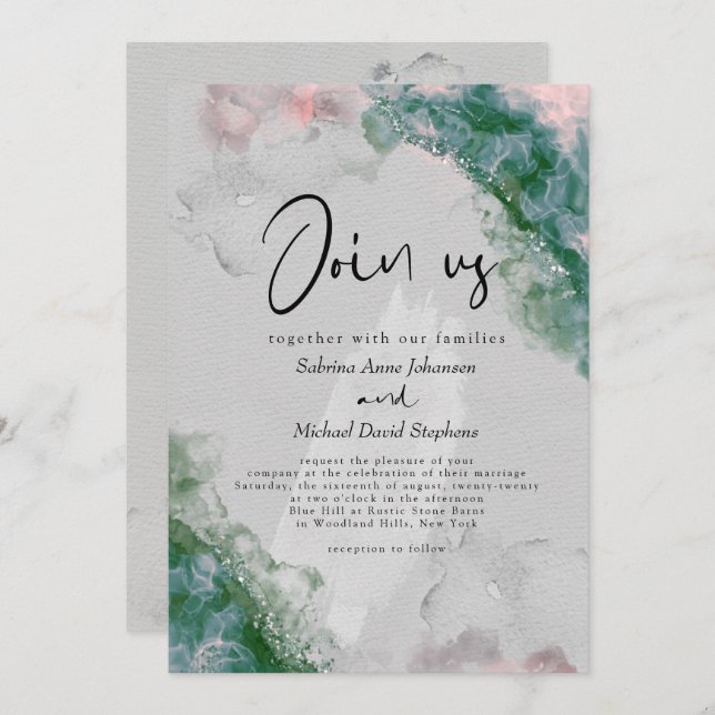 WEDDING | Chic Pine and Blush Abstract Alcohol Ink Invitation (Front/Back)