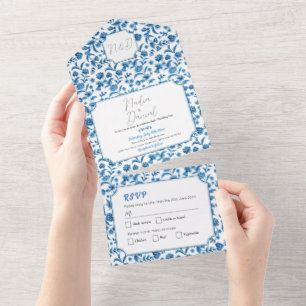 Wedding Chintz Blue & White Floral Invite & RSVP