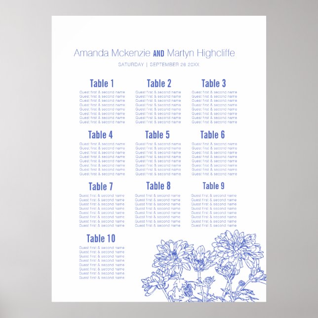 Wedding chrysanthemum blue drawn art table plan poster (Front)