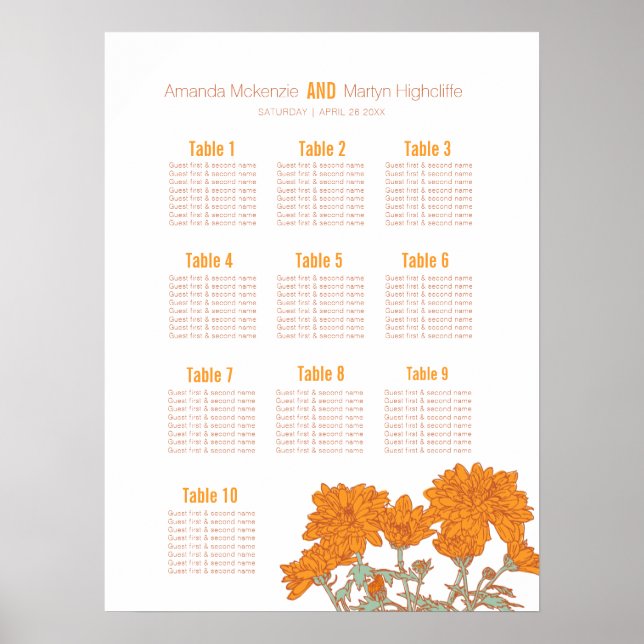 Wedding chrysanthemum orange flower art table plan poster (Front)