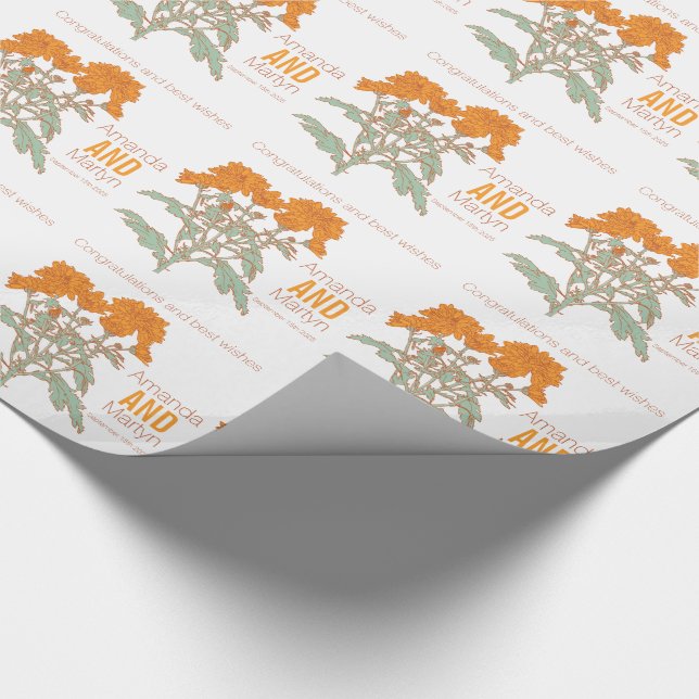 Wedding chrysanthemum orange name date wrap wrapping paper (Corner)