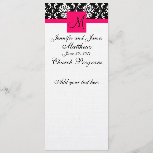 Wedding Church Program Monogram Damask Hot Pink Programme (Front)