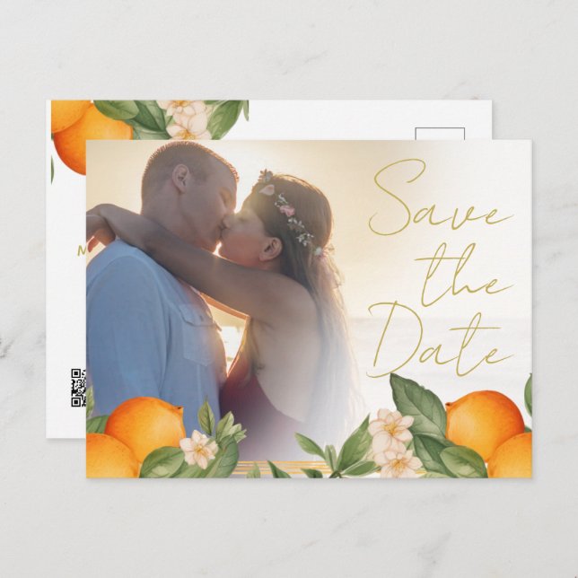 Wedding Citrus Oranges Photo Overlay Save The Date Announcement Postcard (Front/Back)