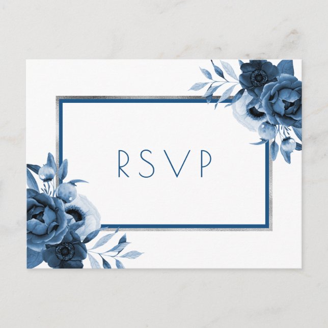 Wedding classic blue florals silver white RSVP Invitation Postcard (Front)