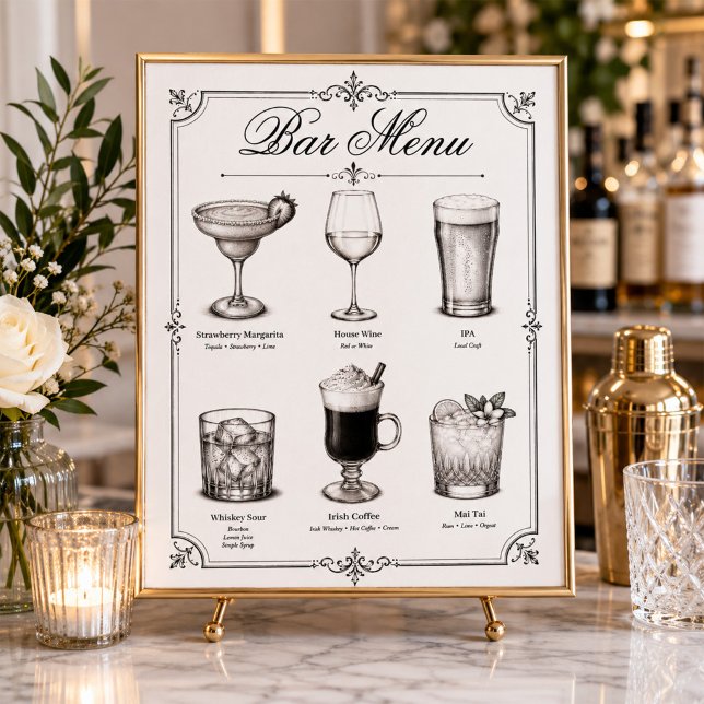 Wedding Classic Calligraphy Cocktail Bar Menu Poster (Elegant framed wedding bar menu displayed on a marble cocktail bar with candles and florals.)