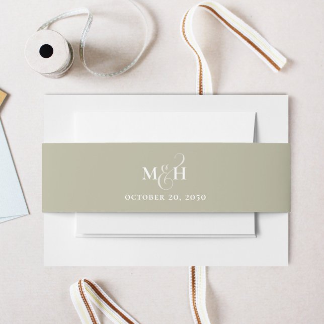 Wedding Classic Simple Sage Green Monogram Invitation Belly Band (Sage green monogram invitation belly band Horizontal template. )