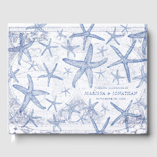 Wedding Coastal Star Fish Blue and White Monogram Guest Book