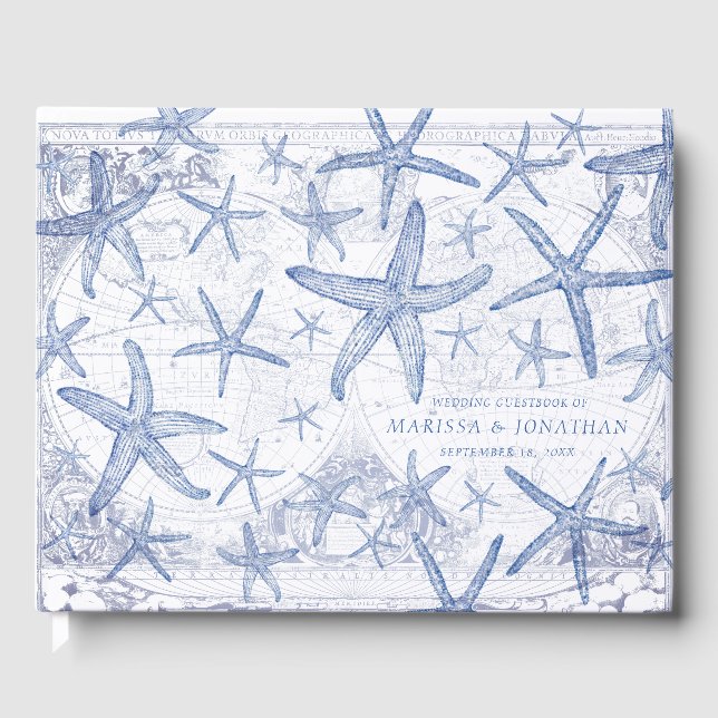 Wedding Coastal Star Fish Blue and White Monogram Guest Book (Front)
