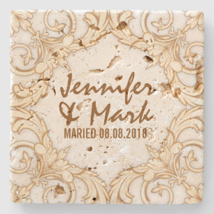 Wedding Coaster Beige Tones Vintage Floral Frame 2