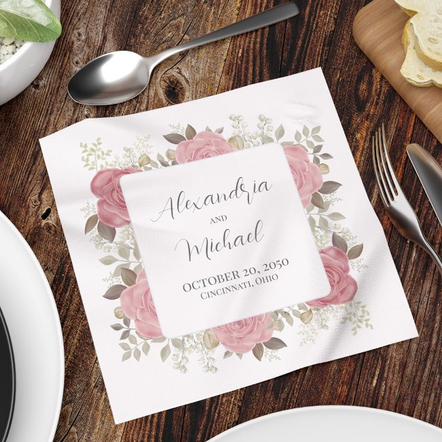 Wedding Cocktail Personalised Elegant Burgundy Napkin (Custom wedding napkin with elegant blush pink roses and foliage. )