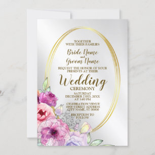 Wedding Colourful Pink Floral Golden Frame Elegant Invitation