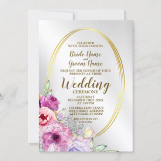 Wedding Colourful Pink Floral Golden Frame Elegant Invitation