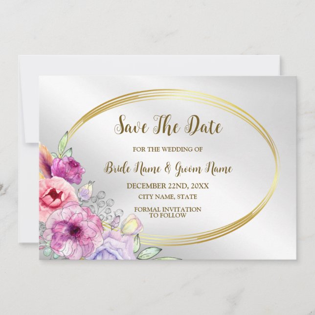 Wedding Colourful Pink Floral Golden Frame Elegant Save The Date (Front)