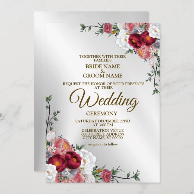 Wedding Colourful Red White Floral Silver Elegant Invitation (Front/Back)