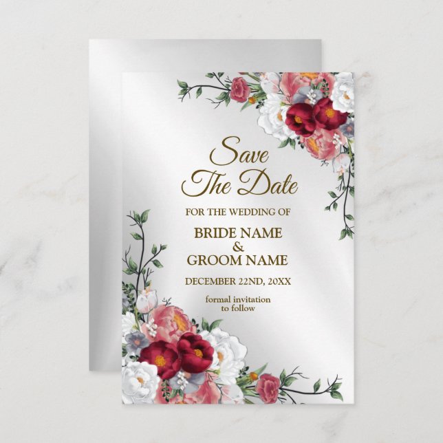 Wedding Colourful Red White Floral Silver Elegant Save The Date (Front/Back)
