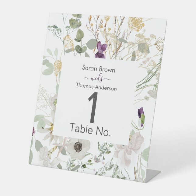 Wedding COLOURFUL WILDFLOWER YELLOW AND  PURPLE Pedestal Sign (Front)