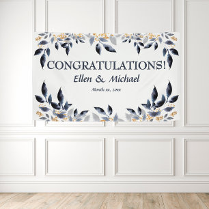 Wedding Congratulations Banner Elegant Blue Gold