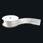 Wedding Congratulations Gold Name Personalised Satin Ribbon<br><div class="desc">Wedding Congratulations Old Gold Name Personalised Ribbon features a "Congratulations (your personalised names)" in elegant old gold calligraphy script on a white background. Personalised by editing the text in the text boxes. Perfect for engagements,  weddings and anniversaries. Created by Evco Studio www.zazzle.com/store/evcostudio</div>