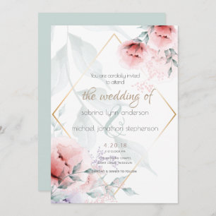 Wedding Coral and Lilac Aquarelle Peonies Invitation
