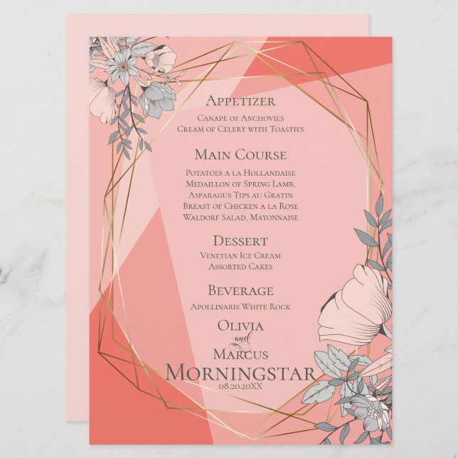 Wedding Coral Floral Geometric Gold Frame Invitation (Front/Back)