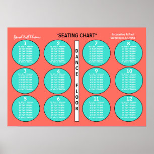 Wedding Coral Turquoise 12 Table Seating Chart