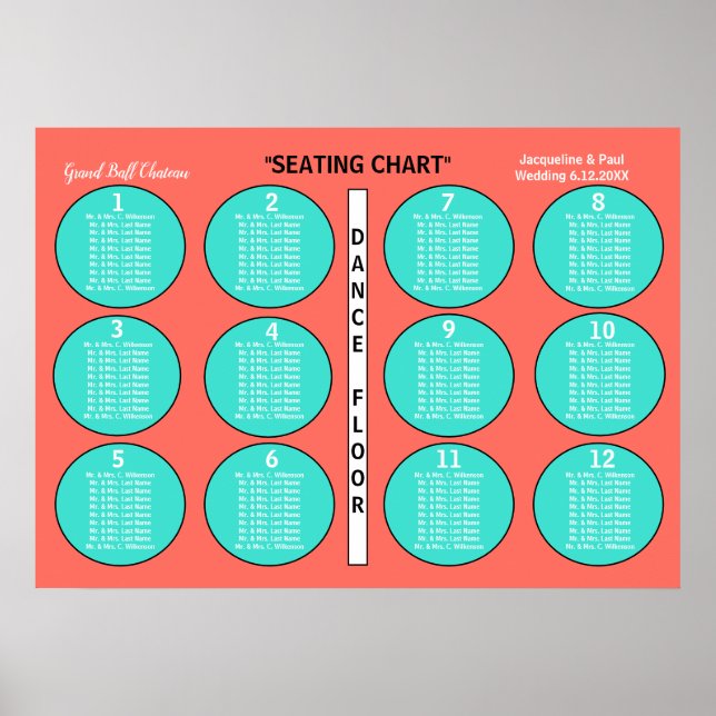 Wedding Coral Turquoise 12 Table Seating Chart (Front)