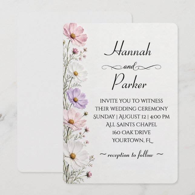 Wedding Cosmos Floral Border on White Invitation (Front/Back)