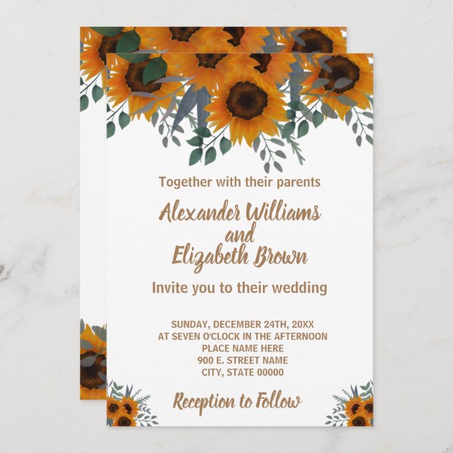 Wedding Country Chic Sunflowers Greenery  Invitation (Front/Back)