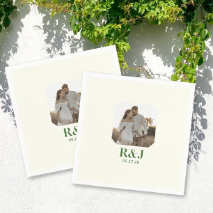 Wedding Couple Add Photo Green Monogram Napkin