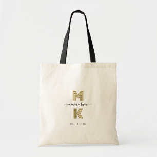 Wedding Couple Black Gold Elegant Simple Monogram Tote Bag