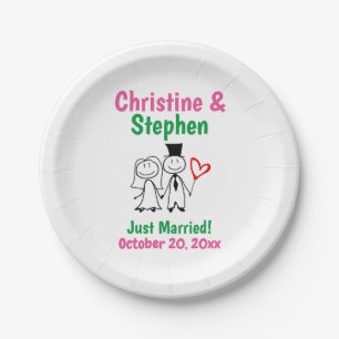 Wedding Couple Bride Groom Cute Stick Figure Paper Plate