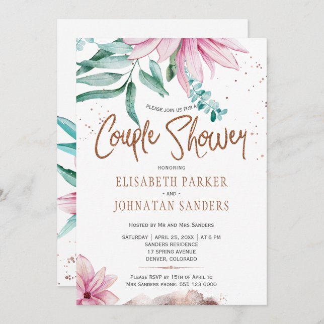 Wedding couple copper glitter pink couples shower invitation (Front/Back)
