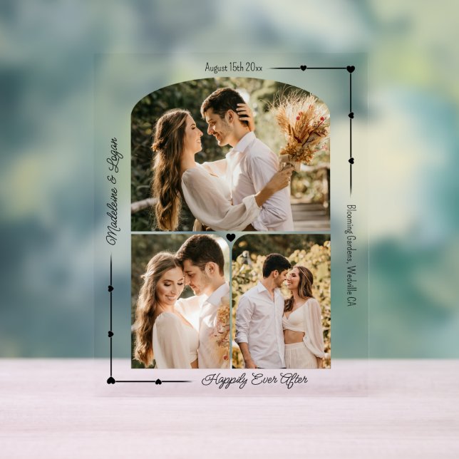 Wedding Couple Custom Photo Collage Modern Hearts Acrylic Sign (Neutral)