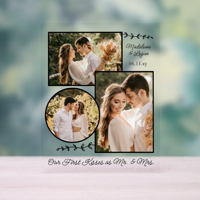 Wedding Couple Custom Photo Collage Mr Mrs Kisses Acrylic Sign (Neutral)