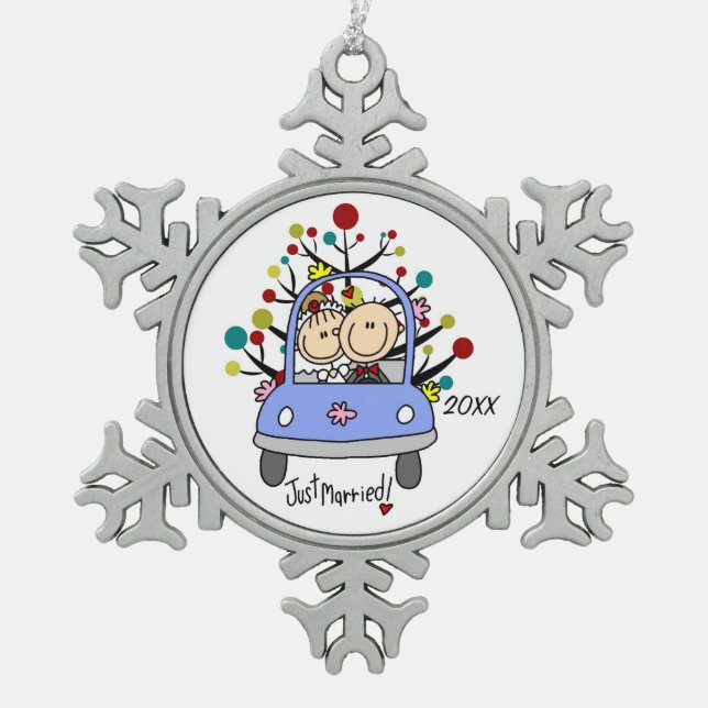 Wedding Couple in Car Christmas Snowflake Ornament (Front)