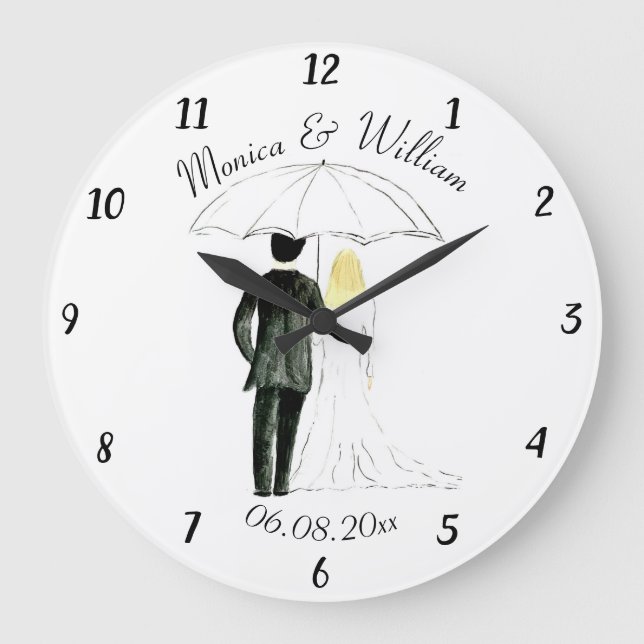 Wedding couple Just married chic watercolor Large Clock (Front)