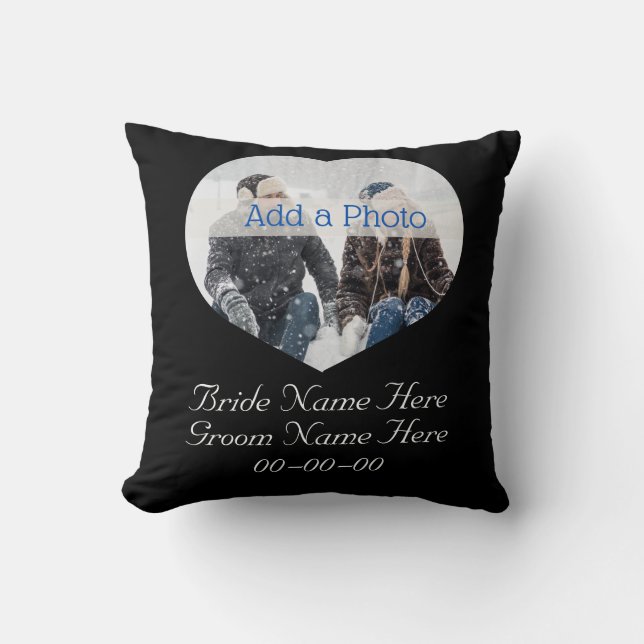 Wedding Couple Modern Heart Photo Black and White Cushion (Front)