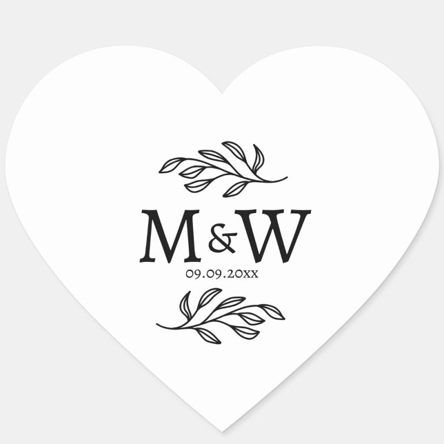 Wedding Couple Monogram Date Elegant Botanical Heart Sticker (Modern botanical wedding couple monogram initials and date personalized heart stickers)