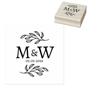 Wedding Couple Monogram Date Elegant Botanical Rubber Stamp