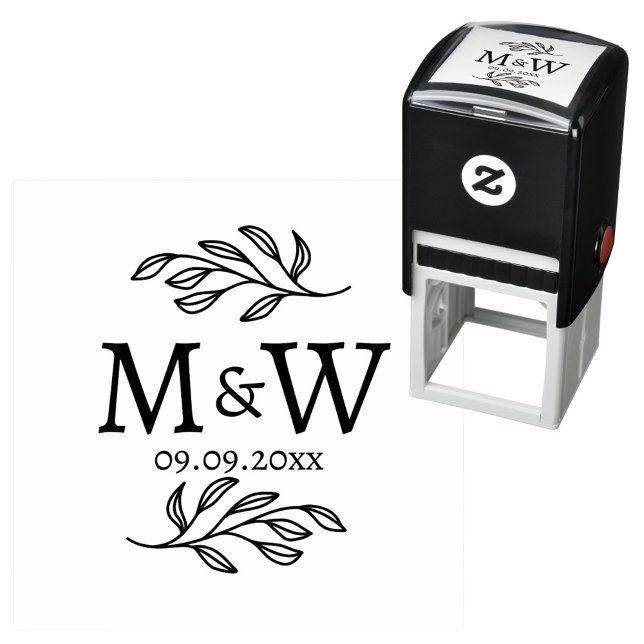 Wedding Couple Monogram Date Elegant Botanical Self-inking Stamp (Modern wedding couple monogram logo initials date self inking stamp with botanical leaf sprig)