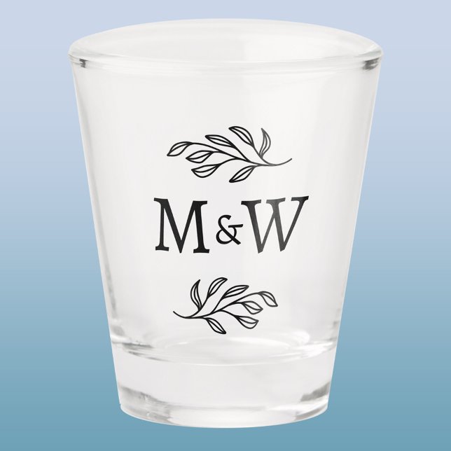 Wedding Couple Monogram Elegant Botanical Leaf Shot Glass (Modern wedding couple monogram initials botanical leaf design shot glass)
