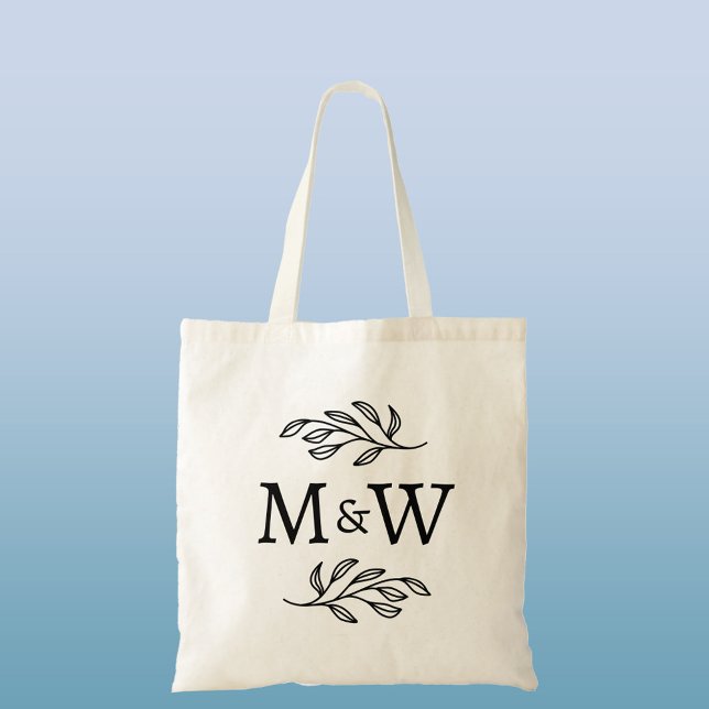 Wedding Couple Monogram Elegant Botanical Tote Bag (Wedding couple monogram initials personalized botanical leaf sprig welcome or favor budget tote bag)