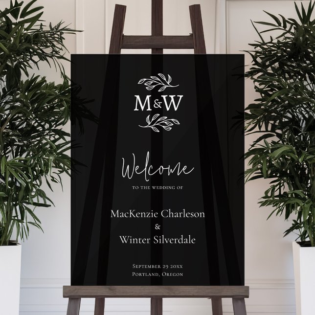 Wedding Couple Monogram Initials Botanical Welcome Acrylic Sign (Modern minimalist wedding couple monogram initial wedding welcome sign)