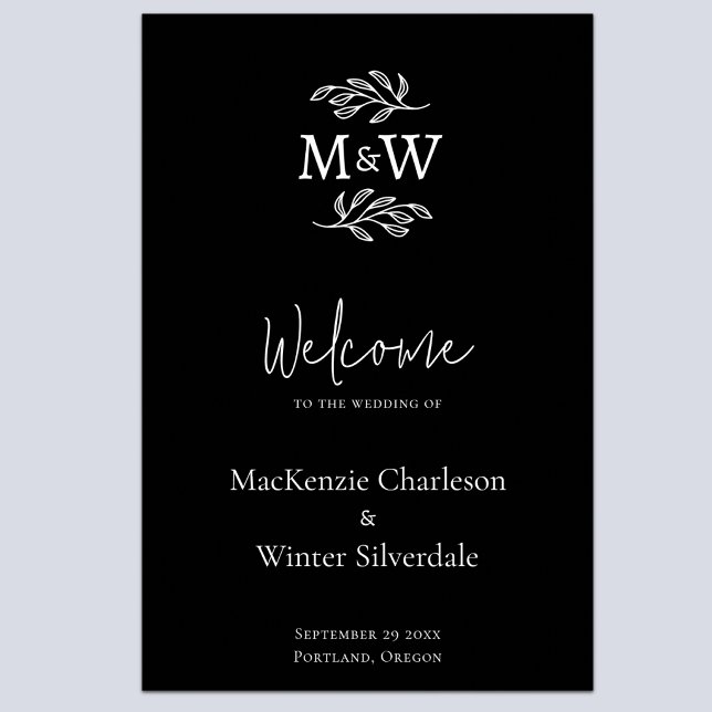 Wedding Couple Monogram Initials Botanical Welcome Poster (Modern minimalist wedding couple monogram initial wedding welcome sign)