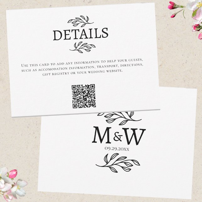Wedding Couple Monogram Initials Details QR Card (Wedding information details website QR code enclosure card couple monogram initials botanical art)