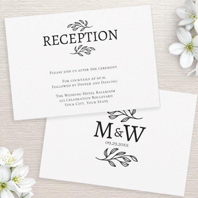 Wedding Couple Monogram Initials Reception Card (Wedding reception enclosure card with couple monogram initials and botanical leaf line art)