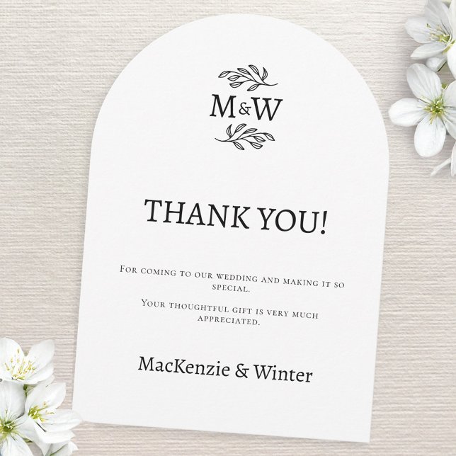 Wedding Couple Monogram Initials Thank You Card (Wedding thank you arch card couple monogram initials botanical line art leaf sprig )